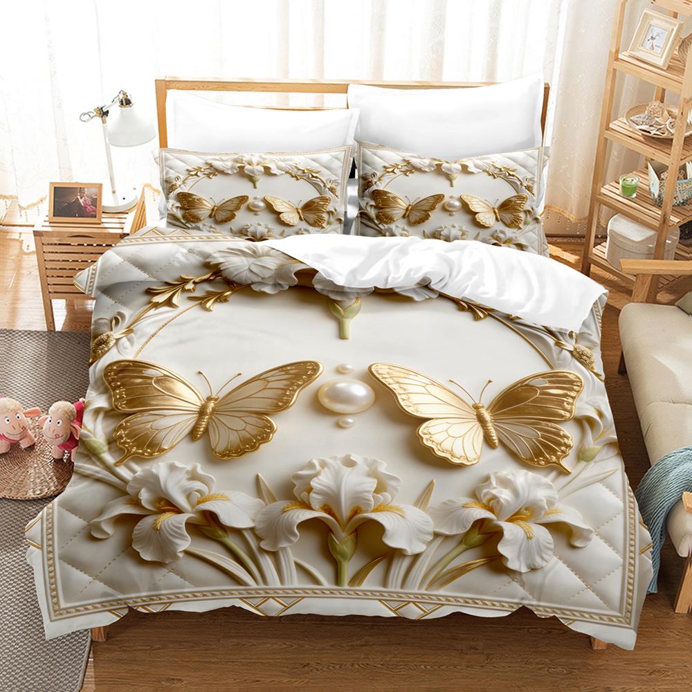 Luxury Floral Bedding Set Gold Butterfly 3D Print Duvet Cover Pillowcase Breathable Wrinkle-Free For Bedroom Decor