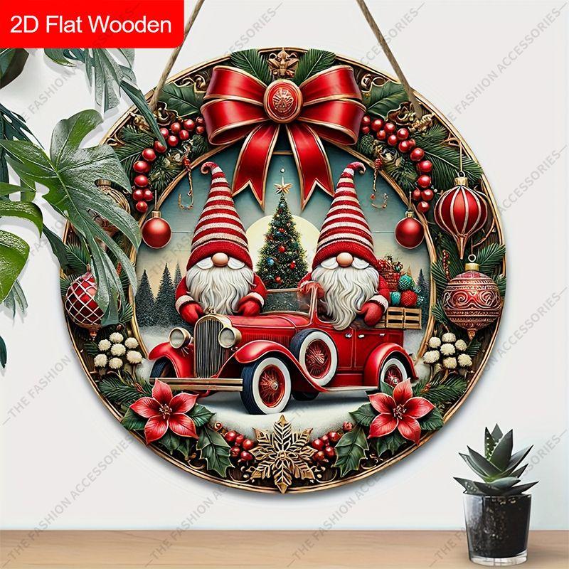Christmas Gnomes Vintage Red Car Round Wooden Hanging Sign, 2D Flat Printed Embossed Effect Christmas Wall Door Ornament, Xmas Home Decor Gift