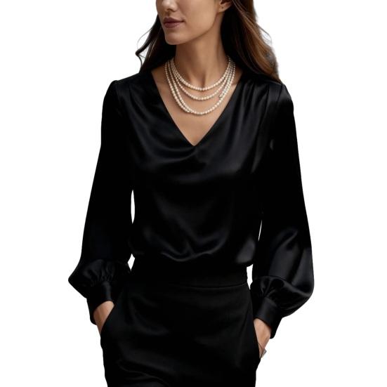 Damenhemd Langarm V-Ausschnitt Puffärmel Satin-Textur Pullover Tops Einfarbig Lockere Passform Arbeit Party Date Reise Freizeit-Tops