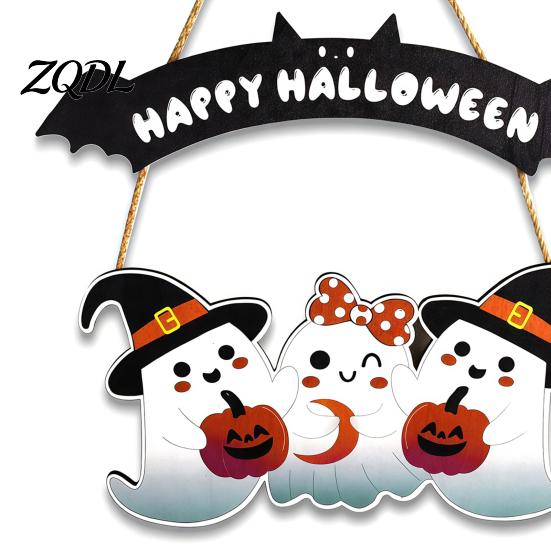Festive Party Props Happy Halloween Ghost Door Sign, Wooden Three Sign Hanger, Front Wall Hanging Supplies