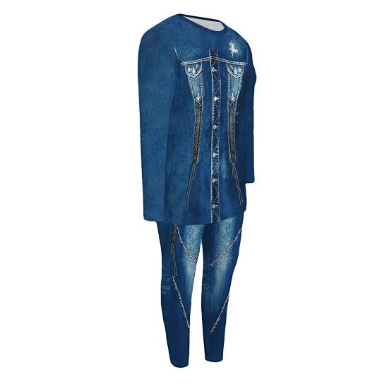 Dam 2-delade Outfits med Falskt Denimtryck Långärmade Toppar Bodycon Leggings Byxset Sexiga Festkläder Träningsdräkt