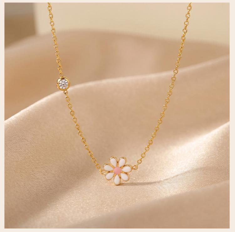 Enamel Daisy Flower Necklace,Stainless Steel Thin Link Bezel CZ Chain,Waterproof Tarnish Free Gift for Women