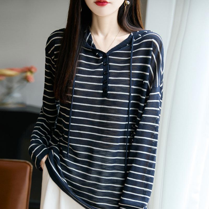 Early Autumn New Style Women's Color-blocked Striped Buttoned Base Layer Top, Hooded Long-sleeved Knitted Sweater