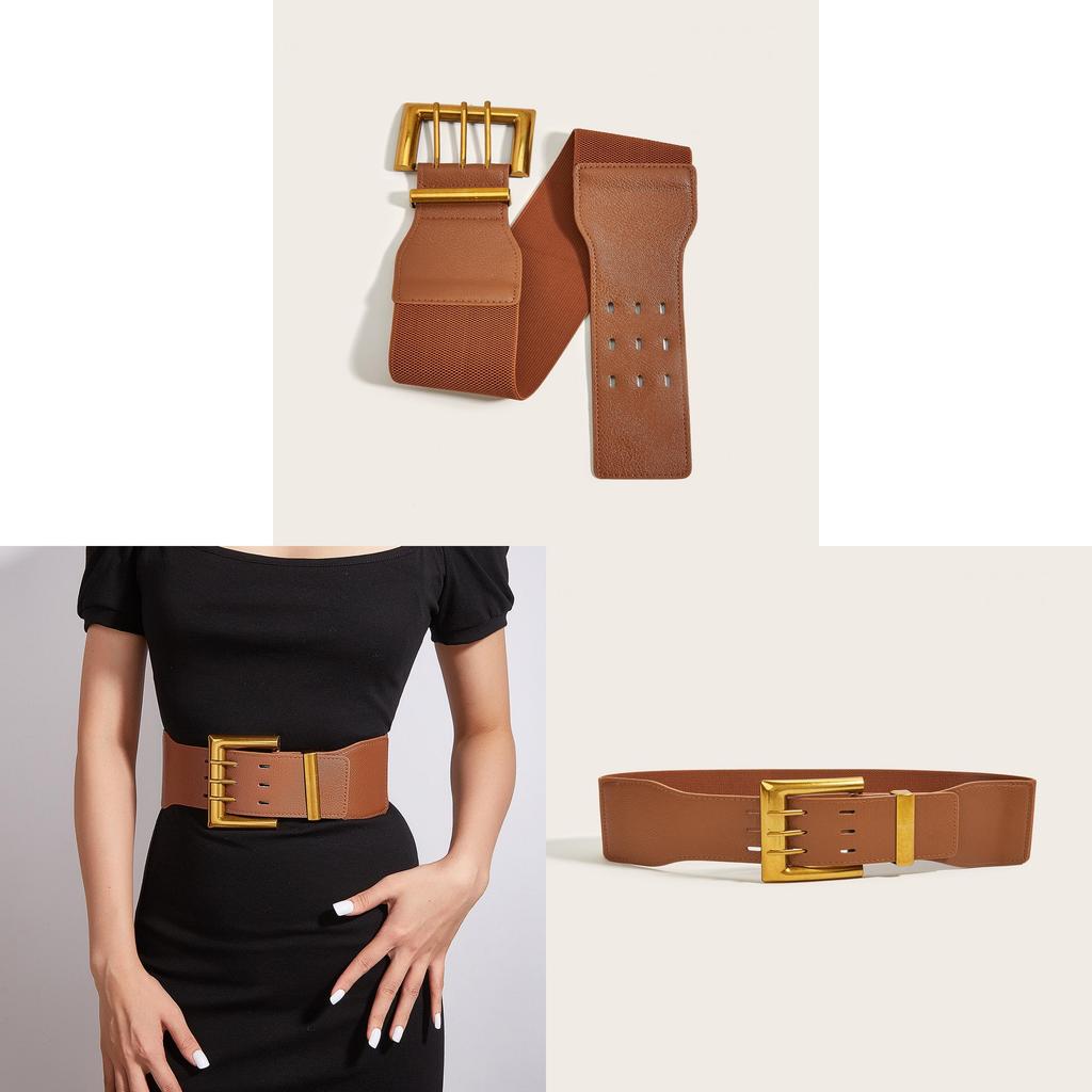 Design Womens Thick Elastic Waist Sealing Belt With Alloy Three Buckle Pin