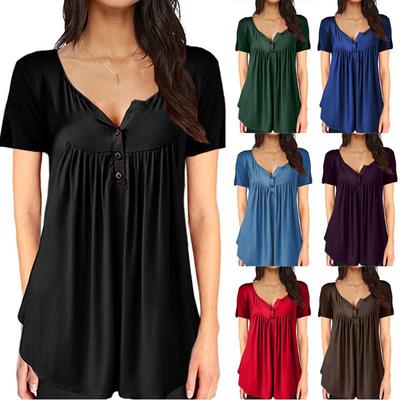 O Neck Button Loose Elastic Tops Ladies Short Sleeve Tunic Shirts Female Casual Blouses