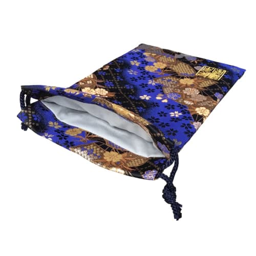 Senshishuin Nishijin Brocade Drawstring Bag (Lined) Blue Fan Cherry Blossom Design, Medium Size