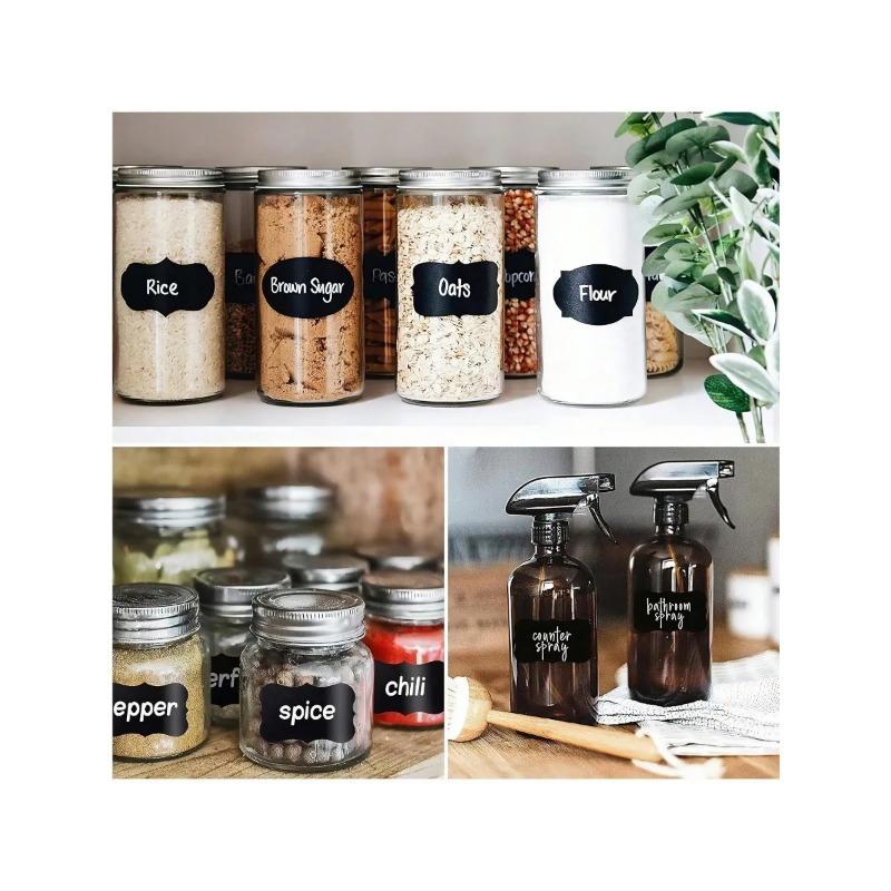 120 Stück Schwarze Wasserdichte Wiederverwendbare Etikettenaufkleber mit Weißer Kreide für Einmachgläser, Bastelraum, Lagerräume, Glasflaschen, Organisation