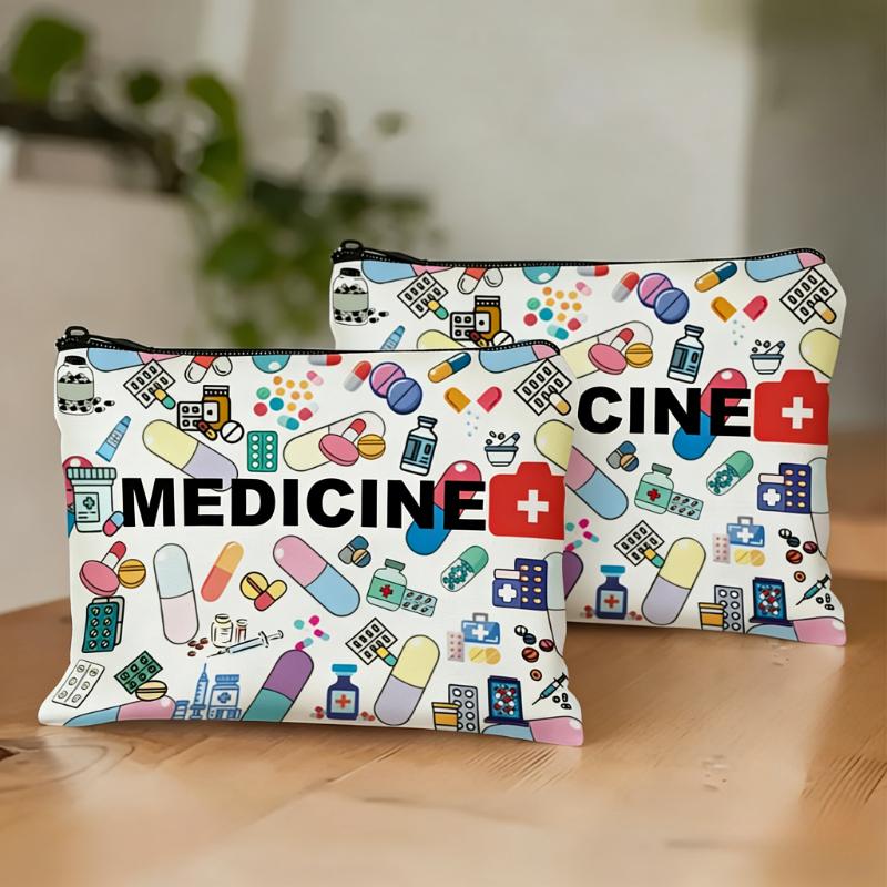 2pcs Medicine-Themed Cosmetic Travel Bag - Foldable Zippered Makeup Organizer, Gift for Healthcare Professionals, Cosmetic Bag