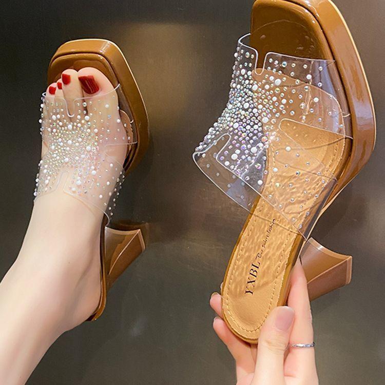 Transparent Thick-soled Cool Slippers Women's 2025 New Fashion Outer Wear Rhinestone Square Heel Internet Celebrity Summer High Heels Temperament