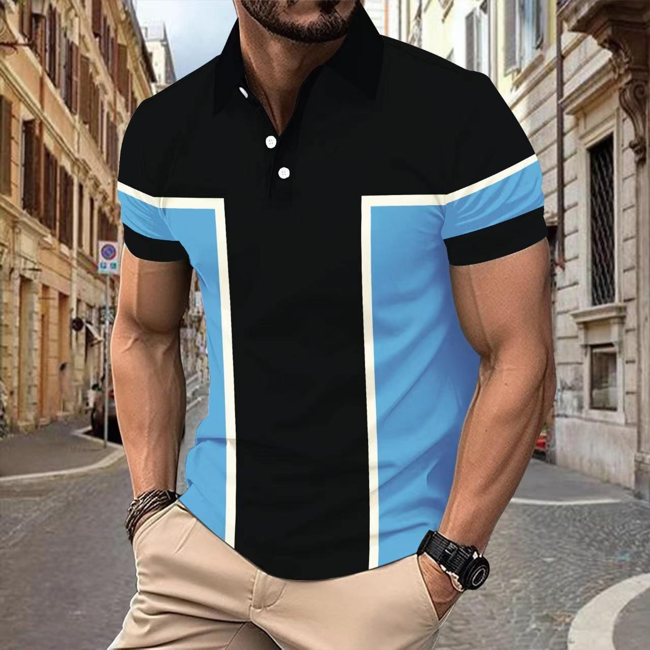 

New Men s Casual POLO Shirt 3D Printing Lapel Collar Buttons Colour Blocking T-shirt Tops S чёрный