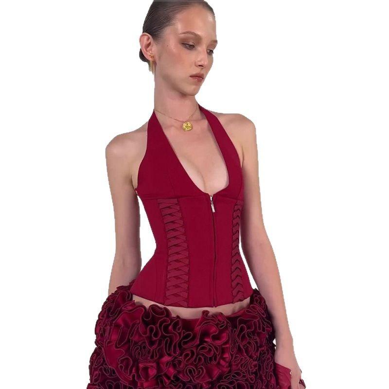 Penne zipper waistband V-neck neck vest women's sexy top backless