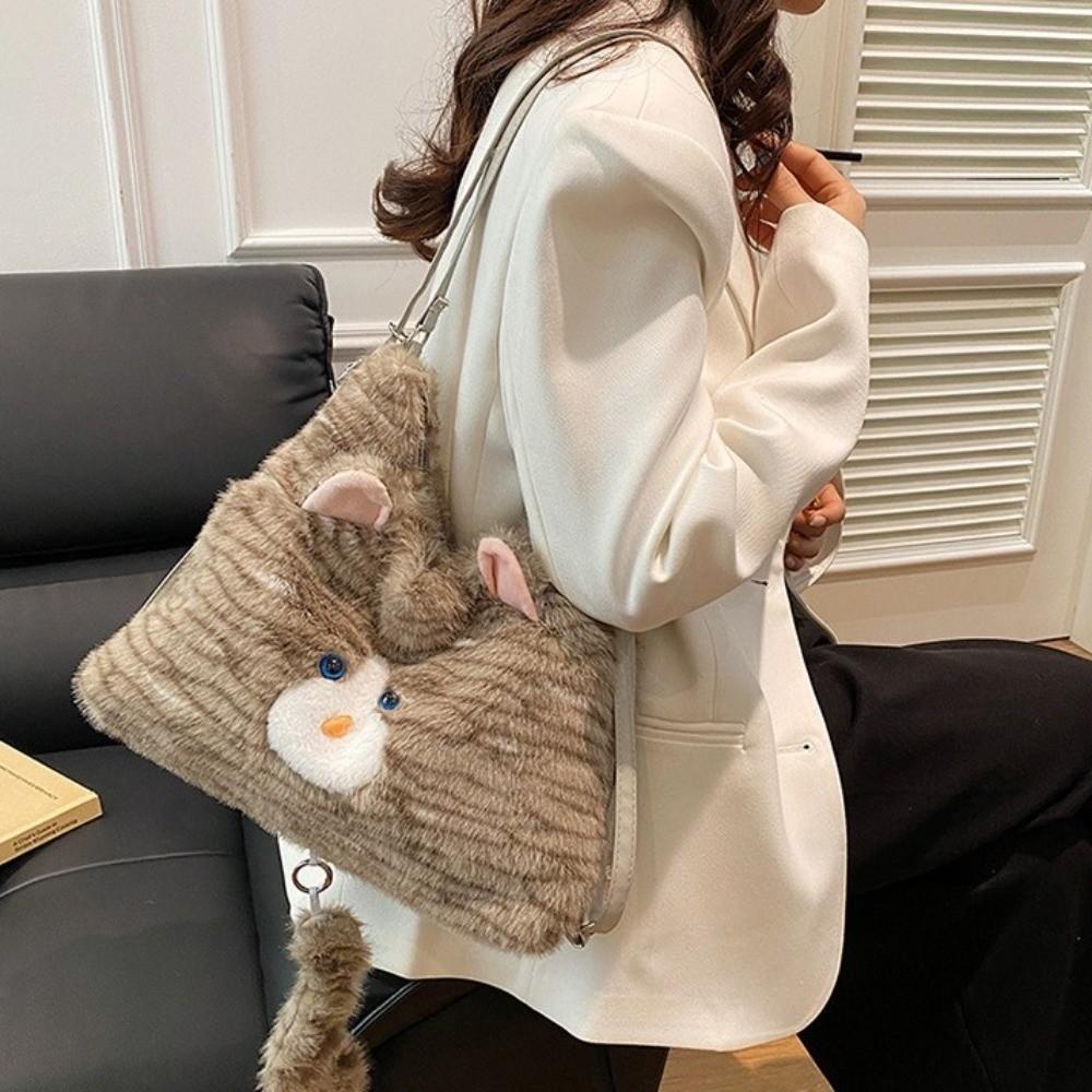 Large Capacity Furry School Bag Animal Cartoon Daypack Cute Cat Plush Backpack  Girls