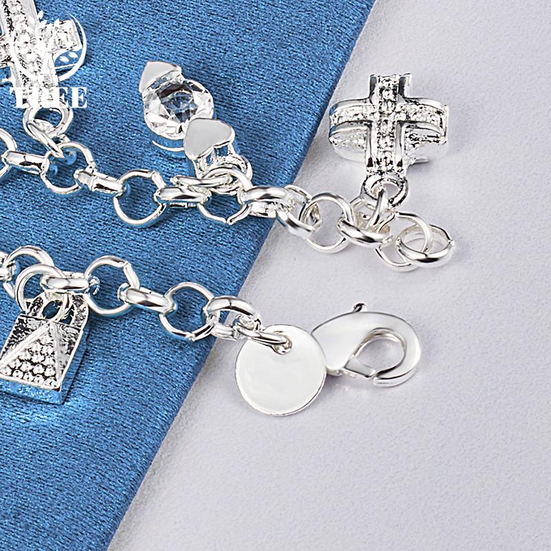 925 Sterling Silver Moon Heart Lock Cross Bracelet Jewelry