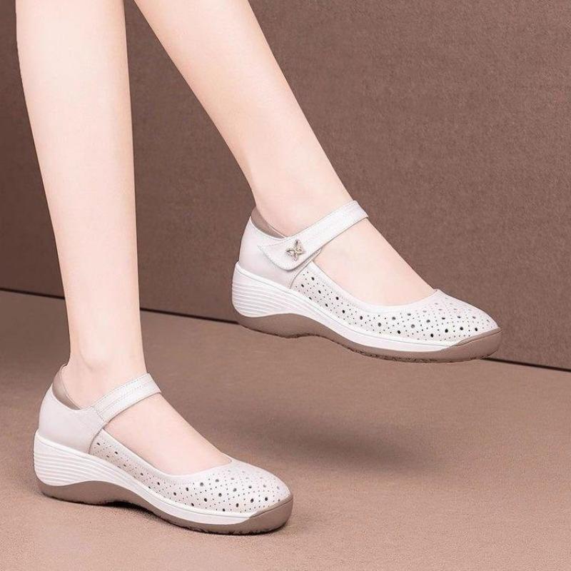 Casual Soft Leather Hollow Single Shoes Women's Summer New Versatile Thick-soled Breathable Non-slip Mother Shoes Sandals