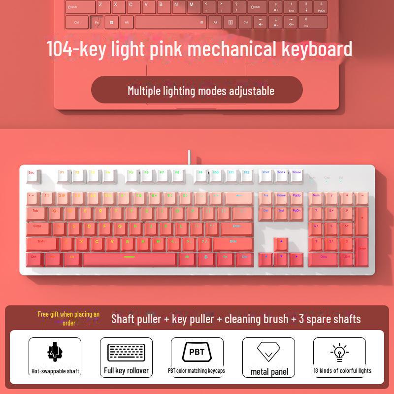 104-Key Wired Gaming Mechanical Keyboard, Blue/Black/Tea/Red/Silent Switches, Mahjong Sound, Hot-Swappable, Customizable