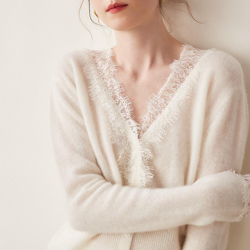 Cardigan in Pizzo e Cashmere da Donna con Scollo a V - Modello Sottile, Cashmere di Capra di Alta Qualità, Collezione Autunno/Inverno.