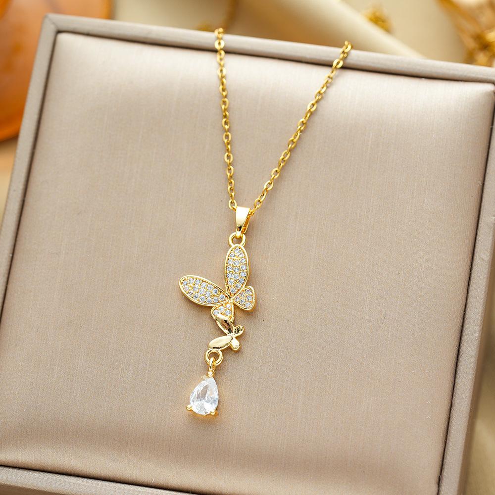 Butterfly Titanium Steel Necklace with Fringe Tassel and Zircon Teardrop Pendant Minimalist Collarbone Chain Jewelry