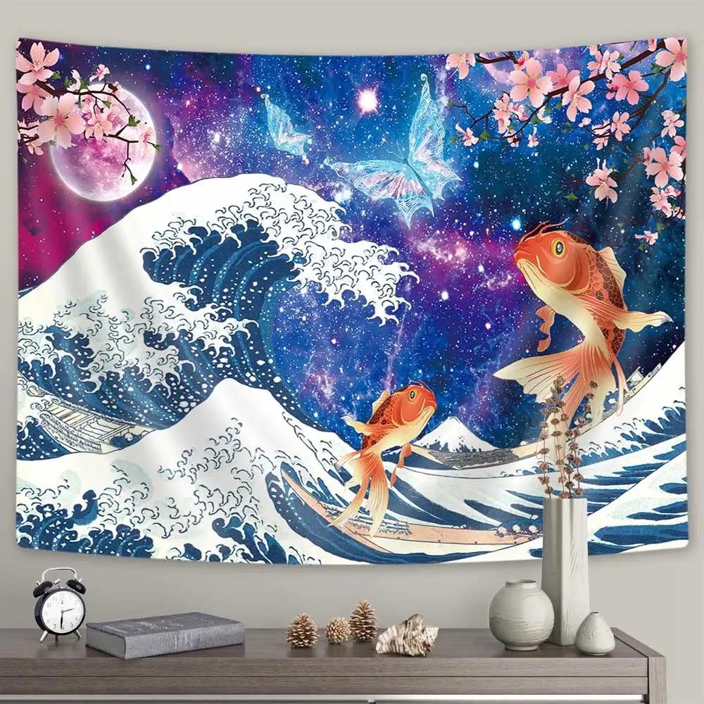 Große Meereswelle Wandteppich Asiatischer Anime Berg Rote Sonne Kirschblüte Wandteppich Zuhause Wohnzimmer Schlafzimmer Wand Moderne Kunst Wandteppiche