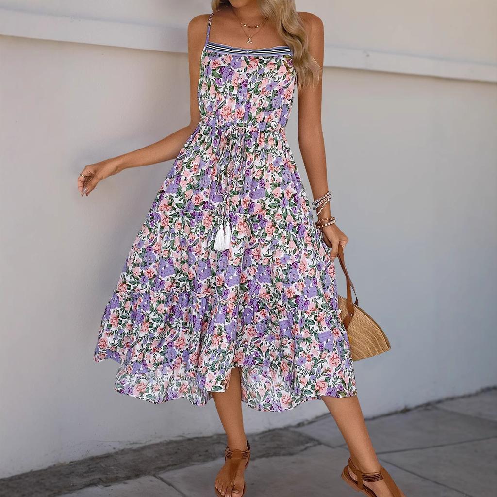 Amazon Independent Station 2025 Summer New European and American Suspender Skirt Cross-border Pleated Printed Ruffle Edge Dress