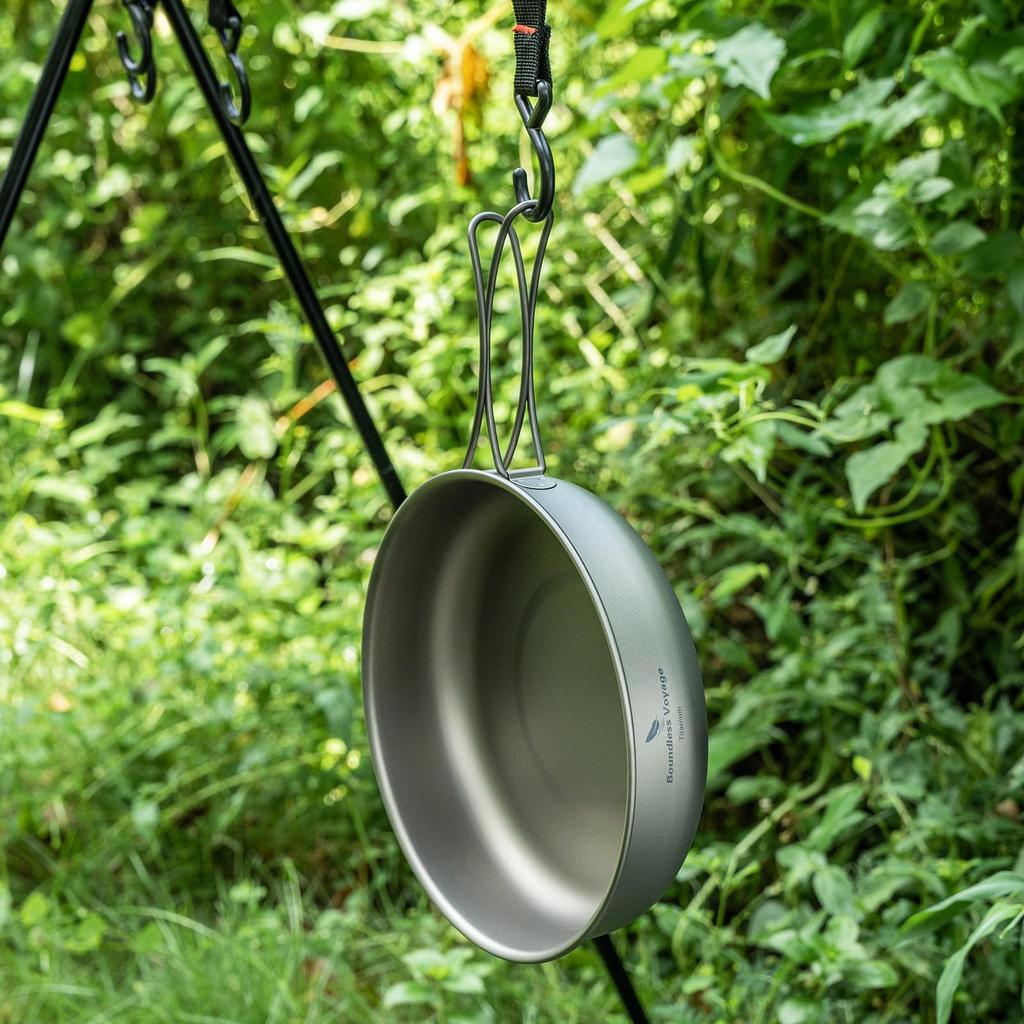 Boundless Voyage Titanium Frying Pan with Folding 18cm Suitable for Direct Outdoor with Mesh Storage Bag Handle, Skillet, Flame, Lightweight, Camping,
