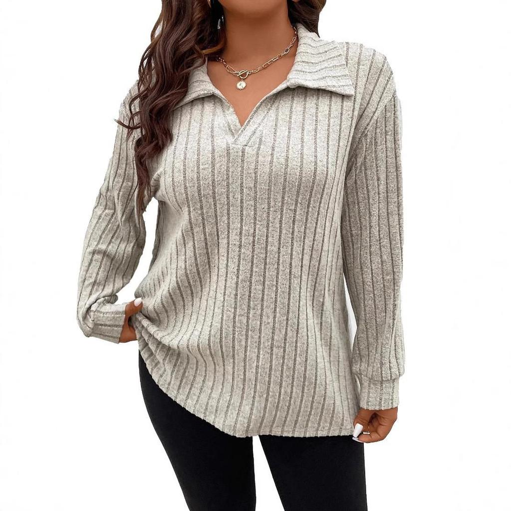 2025 Autumn/Winter Women's Plus Size V-Neck Ribbed Brushed Long Sleeve Top