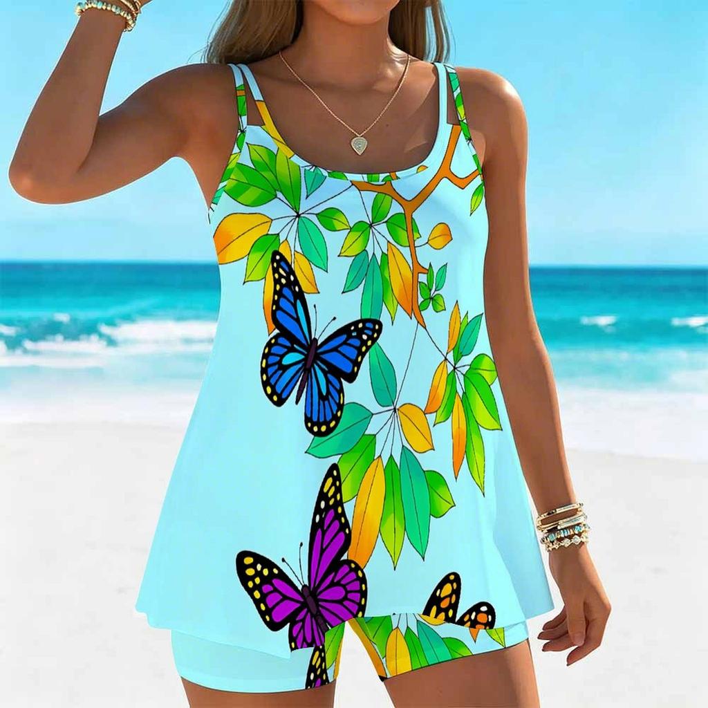 Women's Swimwear Tankini 2 Piece Swimsuit Butterfly Flowers  Pattern Vacation Bathing Suits