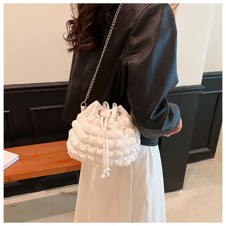 Suitcase Company GPT Popcorn Bag, Drawstring Shoulder Bag, Crossbody Bag, Women's, Small Mini Bag, Korean Popcorn Waffle Design, White