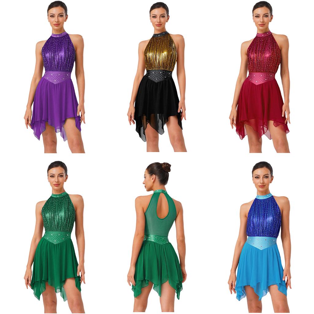 Dámské lyrické taneční šaty s kamínky a metalickou síťovinou, řasený bez rukávů s holými zády, leotard se všitými kalhotkami pro krasobruslařské vystoupení