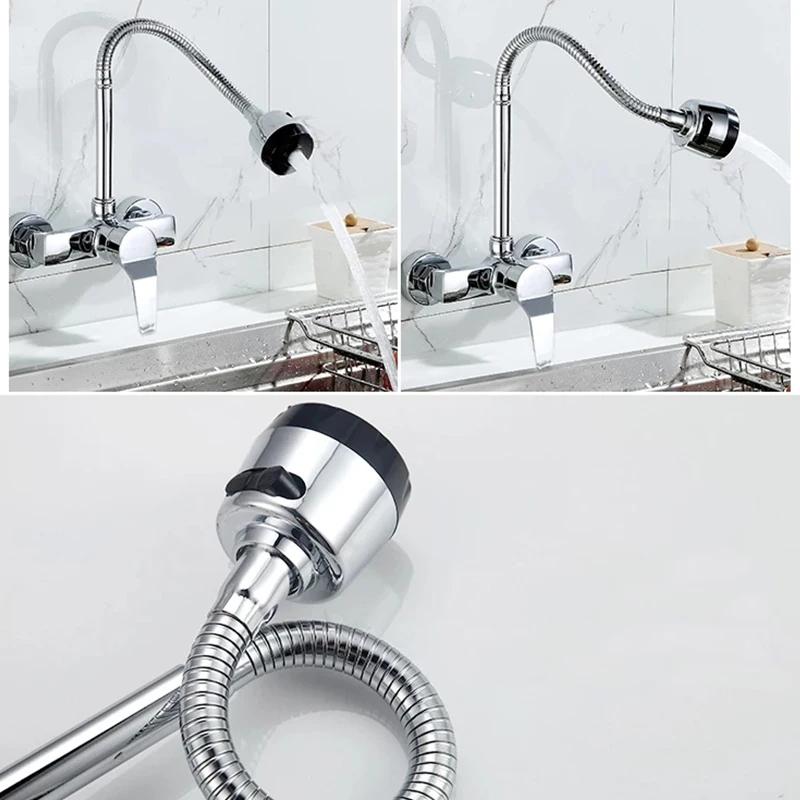 Wall Mounted Double Hole Kitchen Lead Free Hot and Cold Water Mixing Faucet Water Flow Spray Aerator 360 Degree Rotating Hose