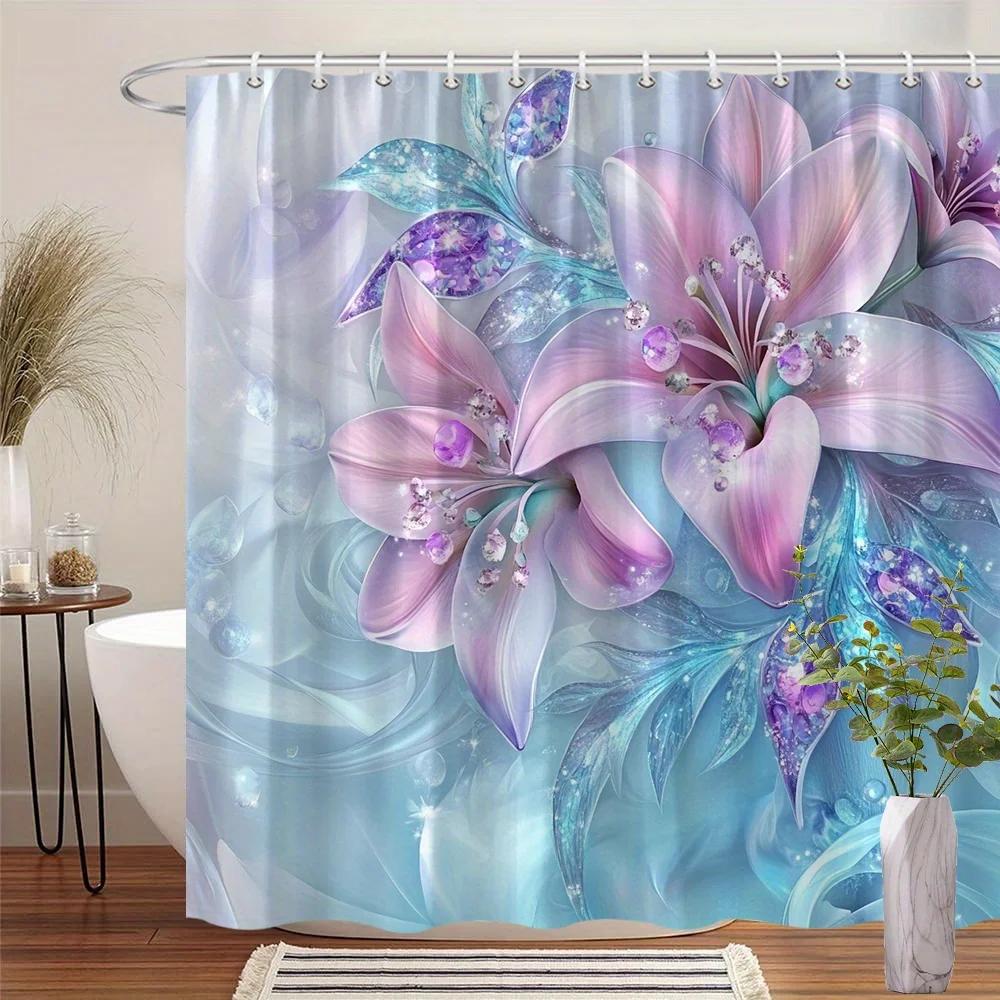 

Pastel Lilies with Gem Accents Shower Curtain - Sparkling Pink & Lavender Flowers, Whimsical Magical Design, 12 Hooks W90xH180cm