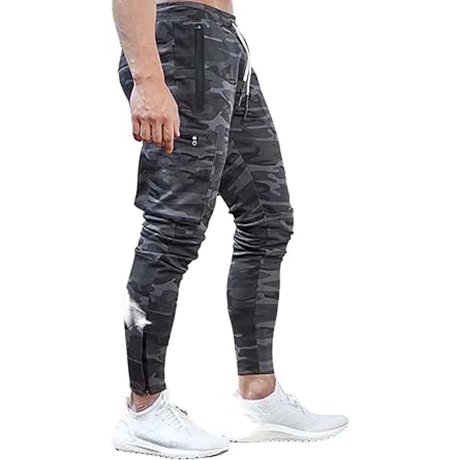 

[Mechieng] Men s Jogger Pants, Training Wear, Multi-Pocket, Strength Training, Fitness Pants, Slim Fit, Cotton, Gym Wear, Camouflage Gray, 2XL