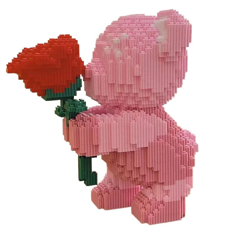 Cute Pink Flower Rose 3D Bear Micro Building Block Toy Educational Toy For Kids Couple Gift Desktop Home Decorations