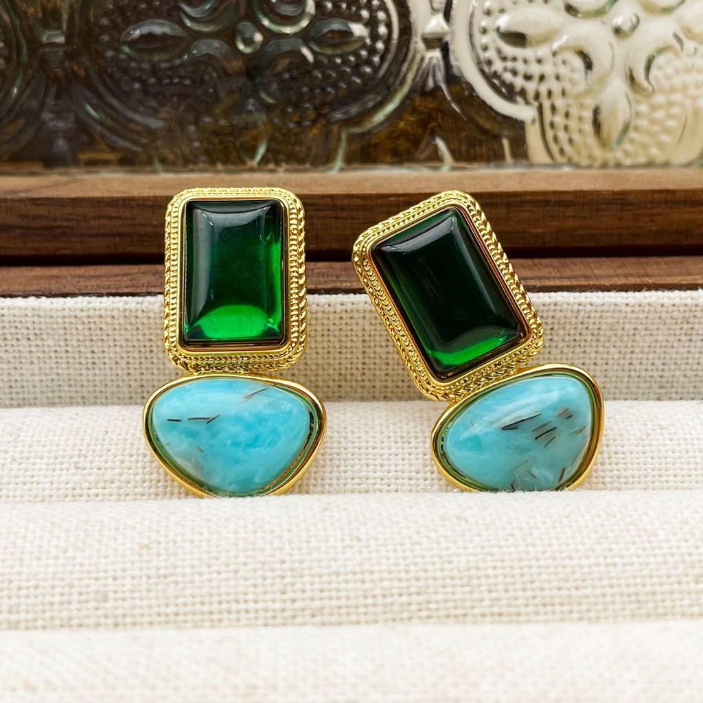 Sterling Silver Geometric Emerald Stone Earrings - European & American Retro Design