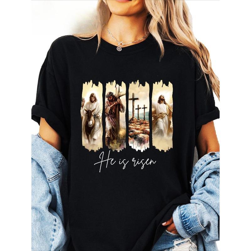 T-shirt Chrétien 'Il est Ressuscité' Taille Européenne Femme | Haut à Manches Courtes et Col Rond avec Impression Tombeau Vide et Croix