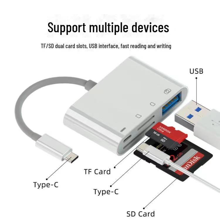 5-in-1 Type-C Card Reader: SD, USB, Apple, Android, OTG Compatible