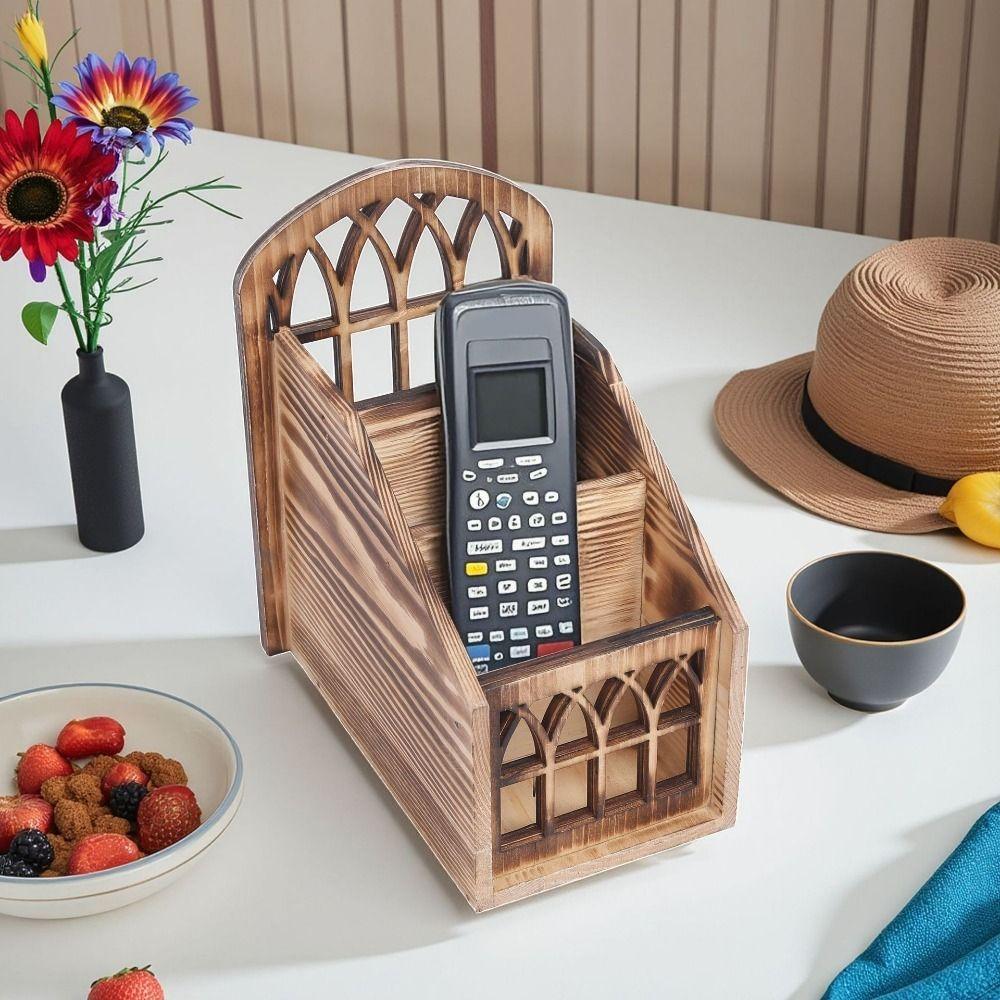 Vintage Style Remote Control Holder Wooden Desktop Storage Box Desktop Organizer Office