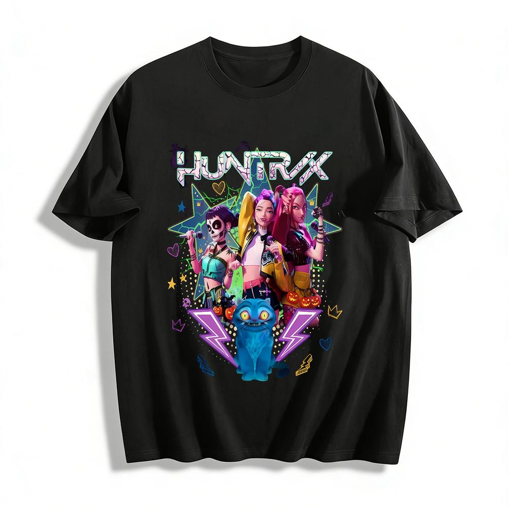 

Halloween Huntrx Band Graphic Tee Spooky Rock Star Girls & Cat Print Casual Party Top Pure cotton T-shirt XXS