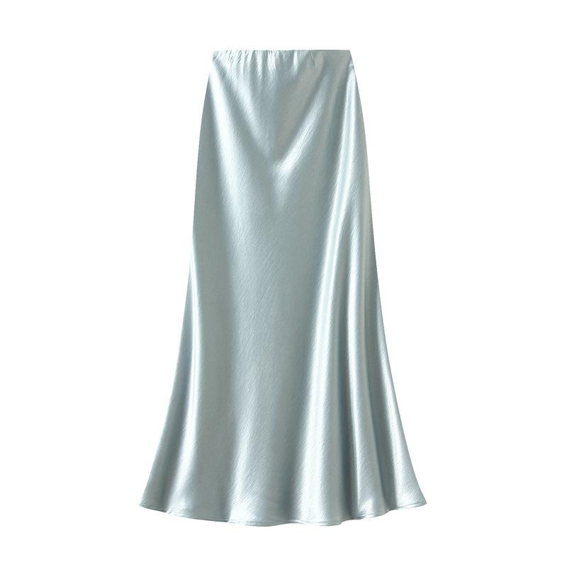 Qooth Elegant Women Satin Fishtail Skirt Maxi Length Bodycon Slim Elastic Waist Skirt QT2762