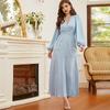 Women's Muslim Dress Light Blue Cross V-neck Hand Beaded Belted Abaya Ramadan Dress