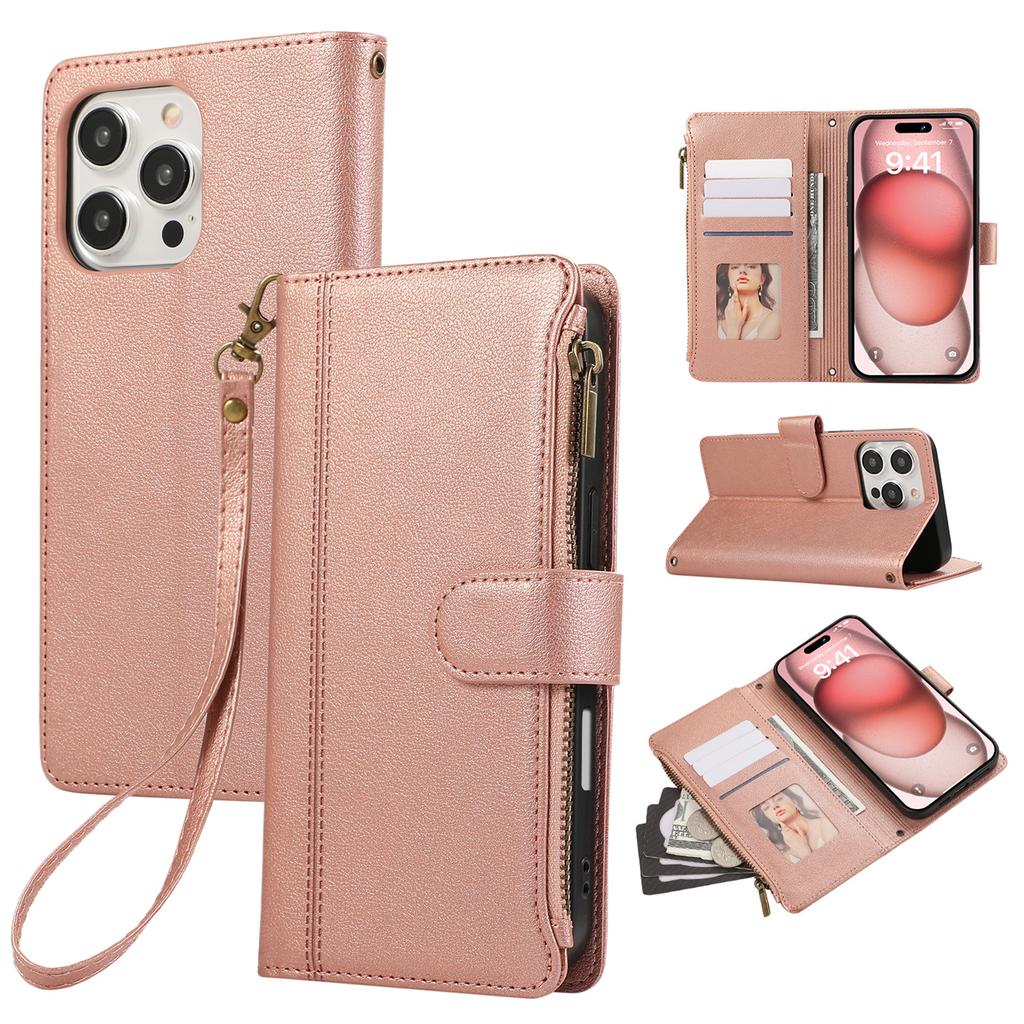 For iPhone 16 Pro Case Multi Card Slots Zipper Leather Phone Cover with Wrist Strap