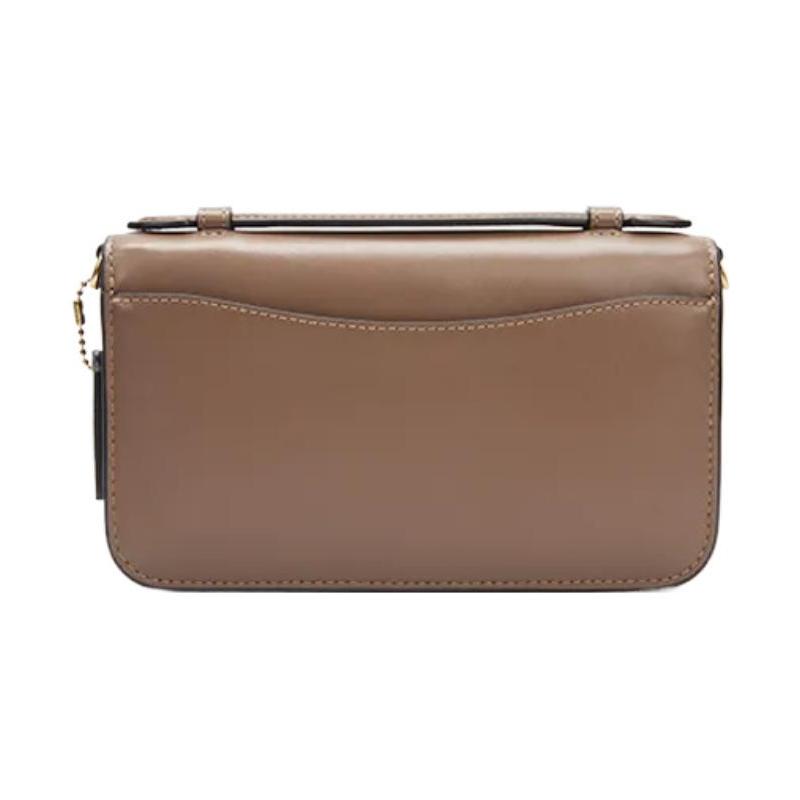 Coach Bea 20 Gold Logo Embossed Nameplate Flap Zipper Calf Leather Envelope Bag Shoulder Crossbody Bag Small Women's Dark Stone Gray