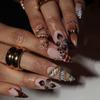 Long Pointed Spicy Girl Press-on Nails, Zebra Print 3D Flower Handmade Diamond-studded Nail Art Tips