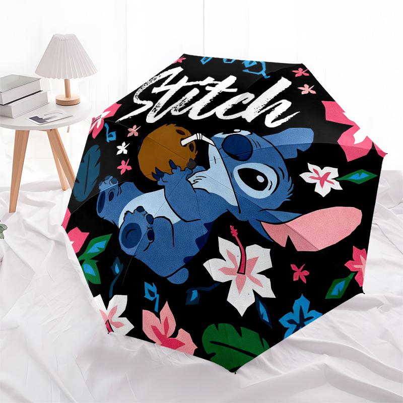 1 st Stitch Blommig Automatisk Fällbar Paraply, Kraftig 8-ribbat Järnram, Lämplig för Resa, Daglig Användning, Födelsedag, Dekorationspresent 72