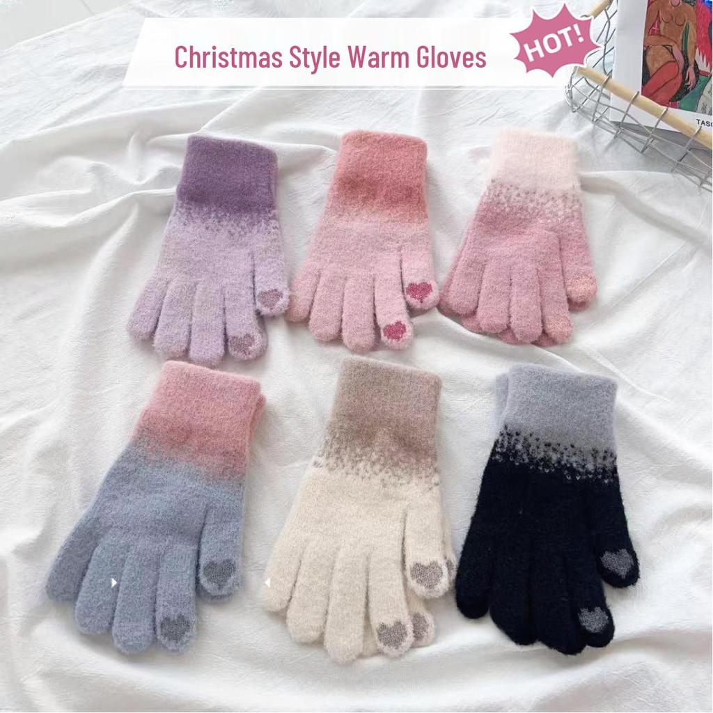 Damskie zimowe dzianinowe rękawiczki z ekranem dotykowym - Grube, ciepłe, podszyte welurem, w stylu świątecznym