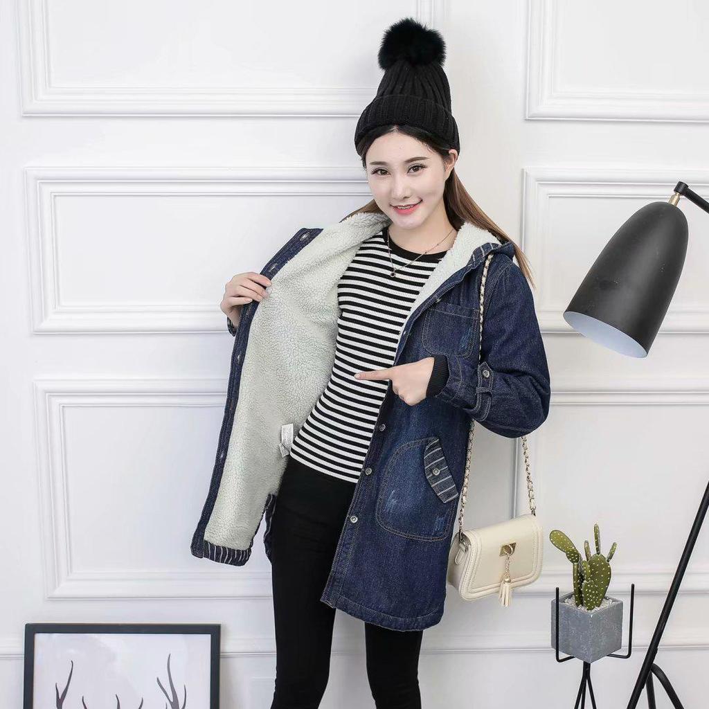 Women's Plus Size Hooded Denim Cotton Coat with Fleece Lining - Korean Style, Mid-Length, for Autumn and Winter.