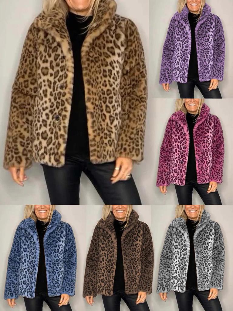 2024 Winter Women's Fashion Leopard Print Faux Fur Coat with Lapel 