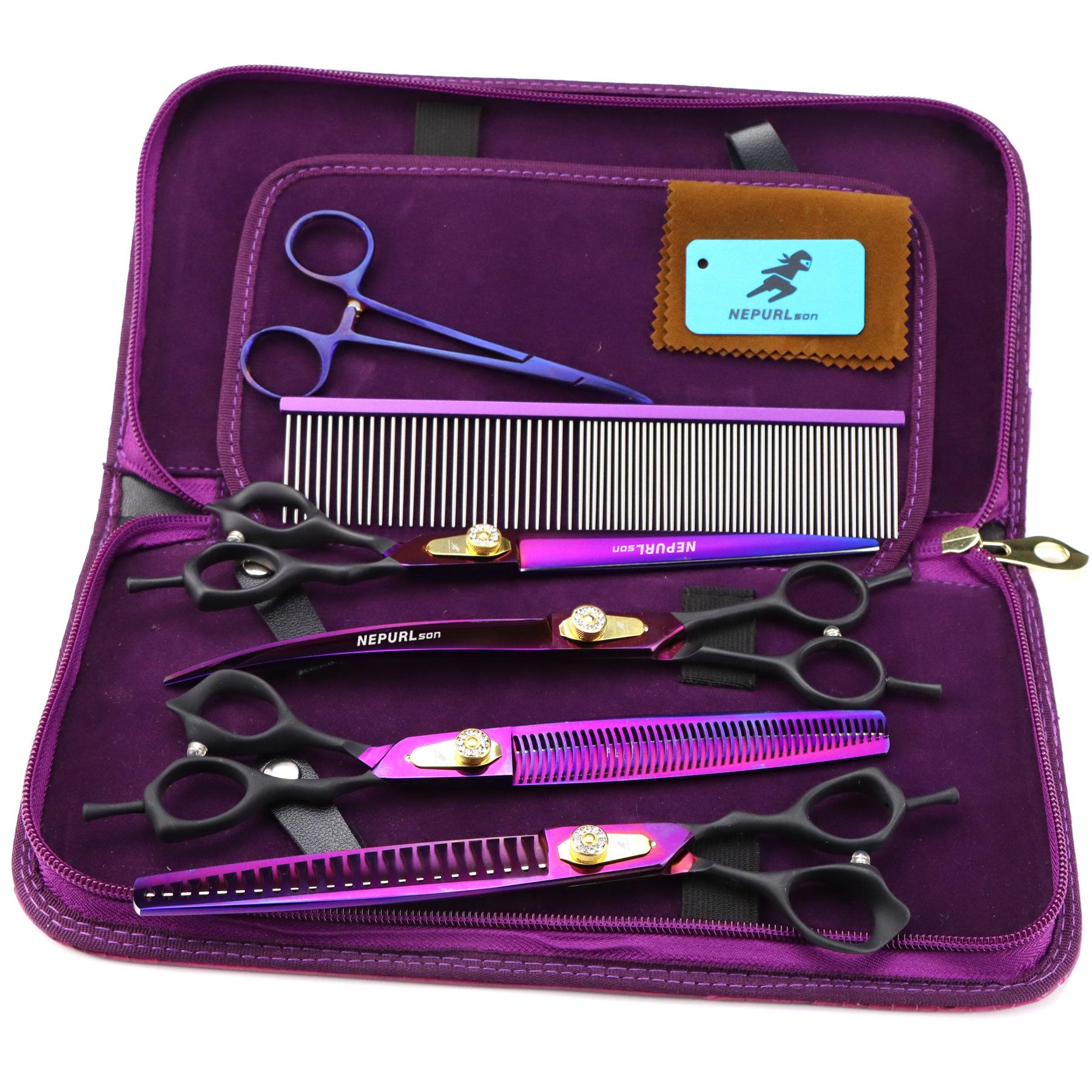 8-Inch Black Handle Purple Pet Grooming Scissors Set - 4 Pieces Straight Shears