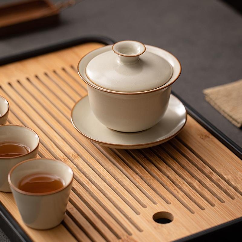 Beige Ru-Brennofen Kung Fu Tee-Set Haushalt High-End Offene Keramik Nicht Heiß Büro Teetasse Sancai Deckelschale