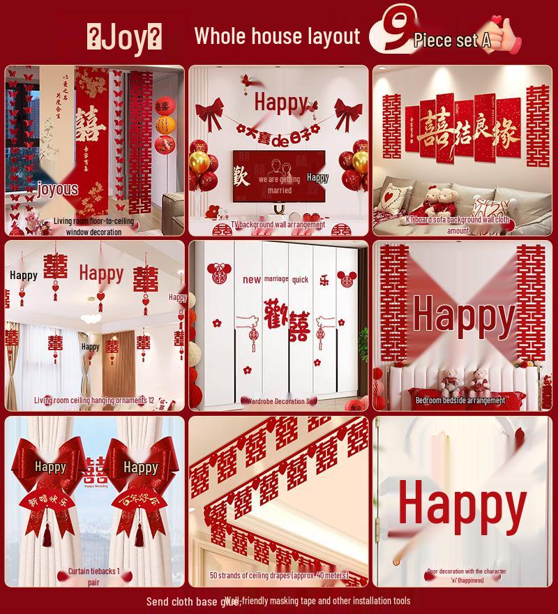 Wedding Decoration Set: Sofa Background, Bedroom Bedside, and Double Happiness Board for Groom's New House