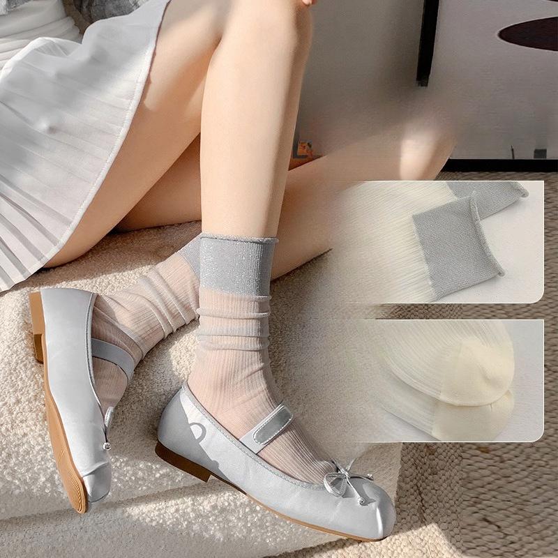 Summer Girls' Crystal Silk Stockings, Mid-calf Socks, Light, Breathable and Versatile, College-style Socks